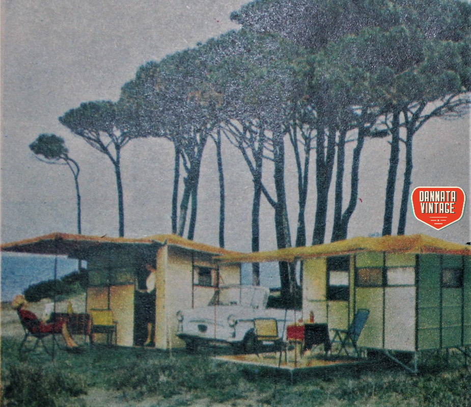 Campeggio vintage Cottage su carrello COARVA con prezzi che oscillavano dalle 30.000. al 1.000.000. di Lire (1966).