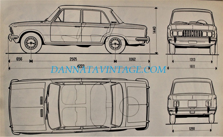 Fiat 125, Le dimensioni della Fiat 125, in un’immagine ben dettagliata.